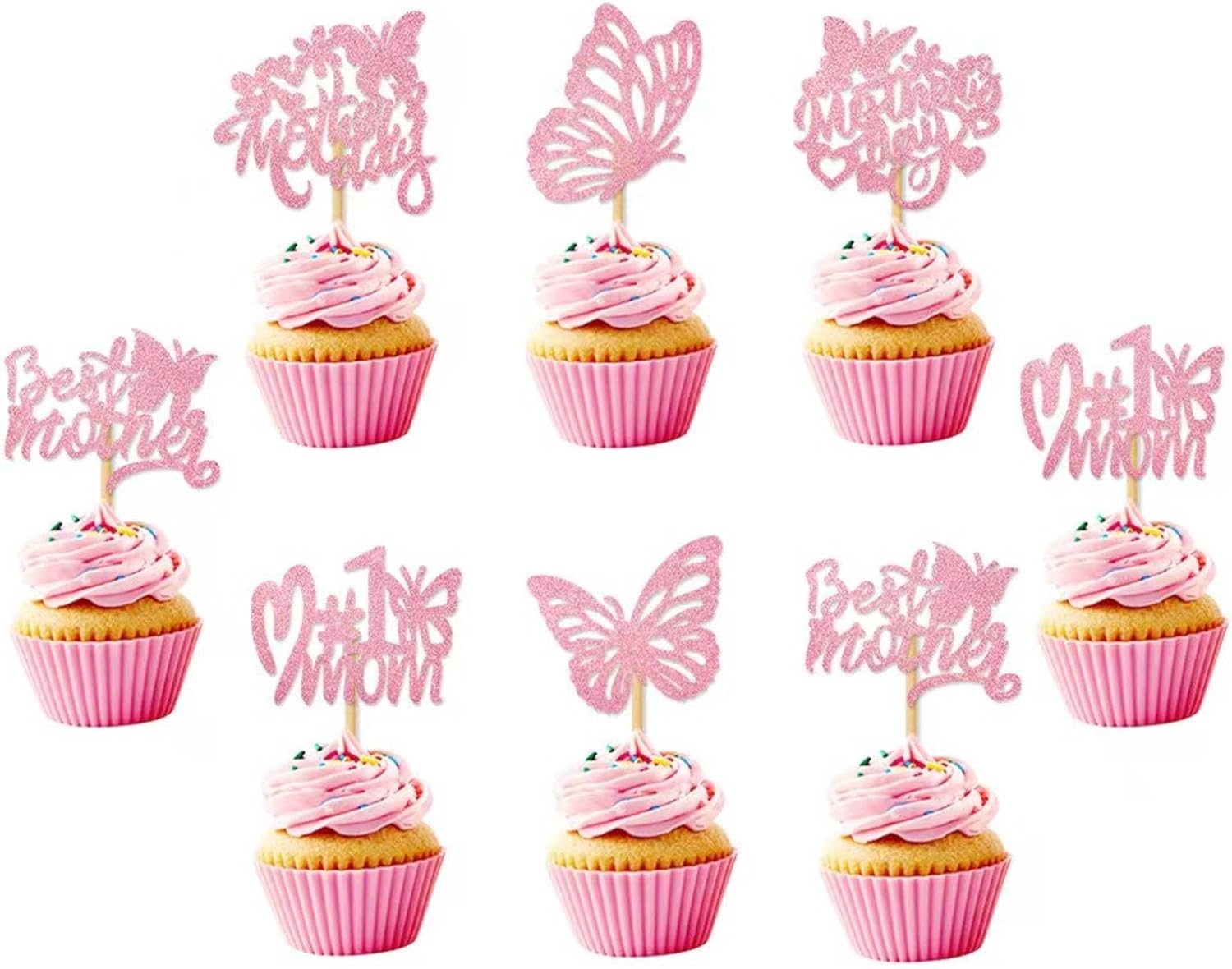 12Pcs Birthday Cupcake Toppers,Pink Glitter Cake Toppers Butterfly Cupcake Picks for Coquette Theme Party Decoration Engagement Wedding Baby Shower Party Cupcake Decor