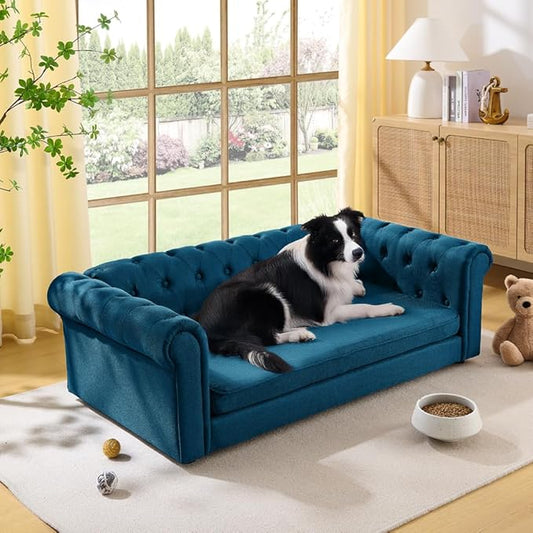 Dog Sofa Couch for Medium to Large Dogs, 55" Memory Foam Pet Sofa Couch with Washable Fabric, Durable Elevated Dog Bed with Legs, Removable Cushion for Medium and Large Dogs, Blue-PawvioPets