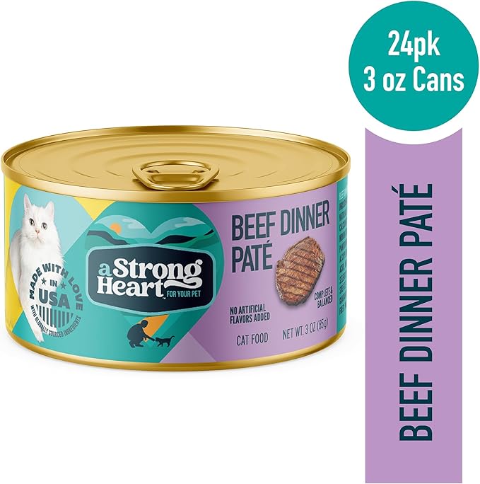 A Strong Heart Canned Wet Cat Food, Beef Dinner Paté - 3 oz Cans (Pack of 24), Made in The USA with Real Beef-PawvioPets
