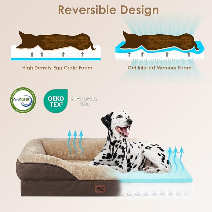 EHEYCIGA Memory Foam XL Dog Bed for XLarge Sized, Extra Large Orthopedic Dog Sofa with Sides and Waterproof Liner, Washable Bolster Pet Couch with Removable Cover, 48x35x7.5 Inch, Brown-PawvioPets
