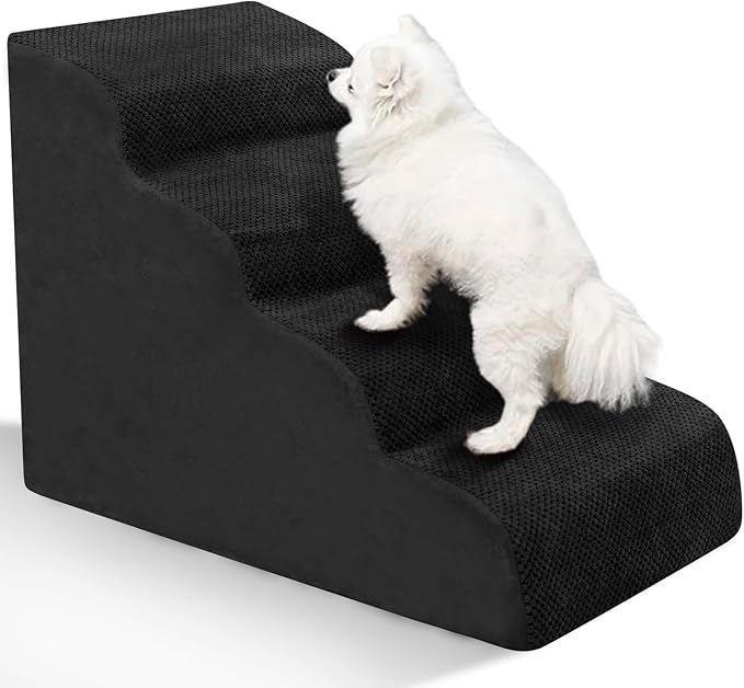 Dog Stairs for Small Dogs - High Density Foam Pet Steps, Extra Wide Dog Ramp with Non-Slip Bottom for High Beds, Couch and Sofa, Best for Dogs Injured, Older Doggy Cats, 4 Steps, Black-PawvioPets