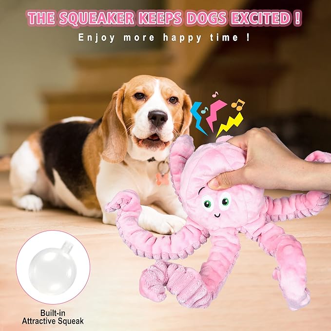 Dog Squeaky Toys Octopus - Tough Plush Large Medium & Small Dog Toys - Stuffed Animals Puppy Toys (Octopus Pink)-PawvioPets