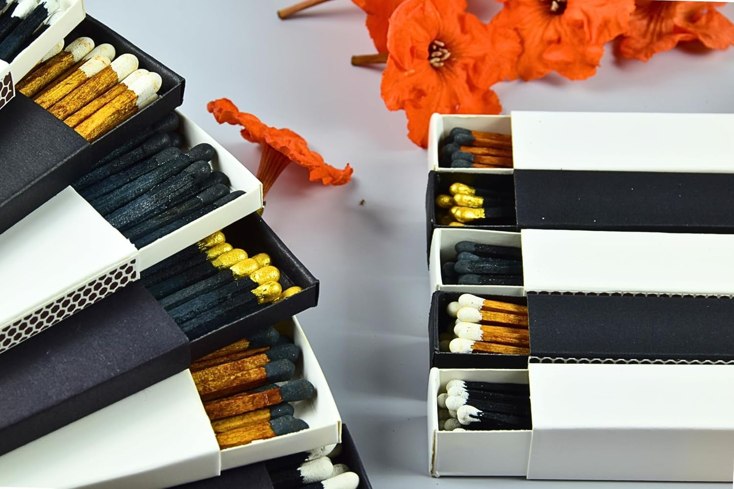 Chandler Studio 10 Boxes - Wooden Matchsticks in a Blank Matchbox with White/Black Matchboxes Colorful Tips (2" Matchboxes, 10 Boxes)