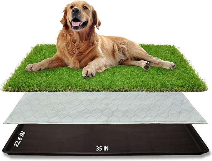 Dog Grass Large Potty Patch, Dog Litter Boxes Artificial Grass Bathroom Turf for Pet Training, Washable Puppy Pee Pad, Perfect Indoor/Outdoor Portable Potty Pet Loo (Tray system-35"X22.6")-PawvioPets