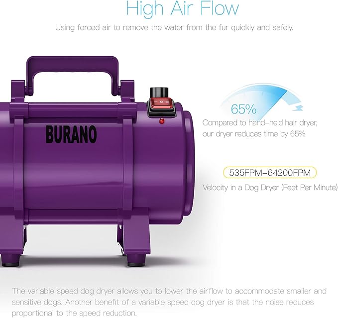 Burano Dog Dryer, High Velocity Pet Hair Dryer, 4.3HP Stepless Adjustable Speed Dog Hair Force Dryer for Dogs, Cats & More, Powerful Pet Blower with Heater-PawvioPets