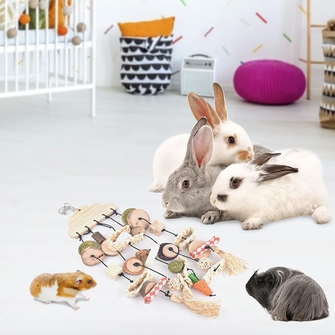 Bissap Rabbit Chew Toy, Bunny Cage Hanging Chew Toys and Treats Wooden with Snacks for Guinea Pigs Chinchillas Hamsters Rats and Other Small Pets Teeth Grinding-PawvioPets