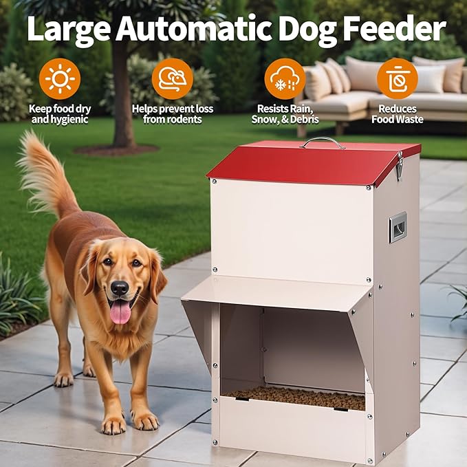 Automatic Dog Feeder Large Breed, 50 LB Capacity Outdoor Pet Food Dispenser, Powder-Coated Steel Gravity Dog Food Feeder with Clear Door, Wall Mountable, Weatherproof Self Feeders-PawvioPets