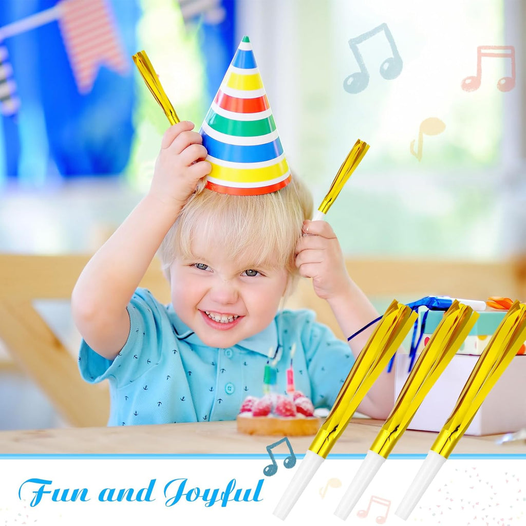 24 Pcs Gold Noise Makers Glitter Metallic Fringed Noise Makers Horns for Baby Shower, Kids Birthday, Wedding Party, New Year Party Favor