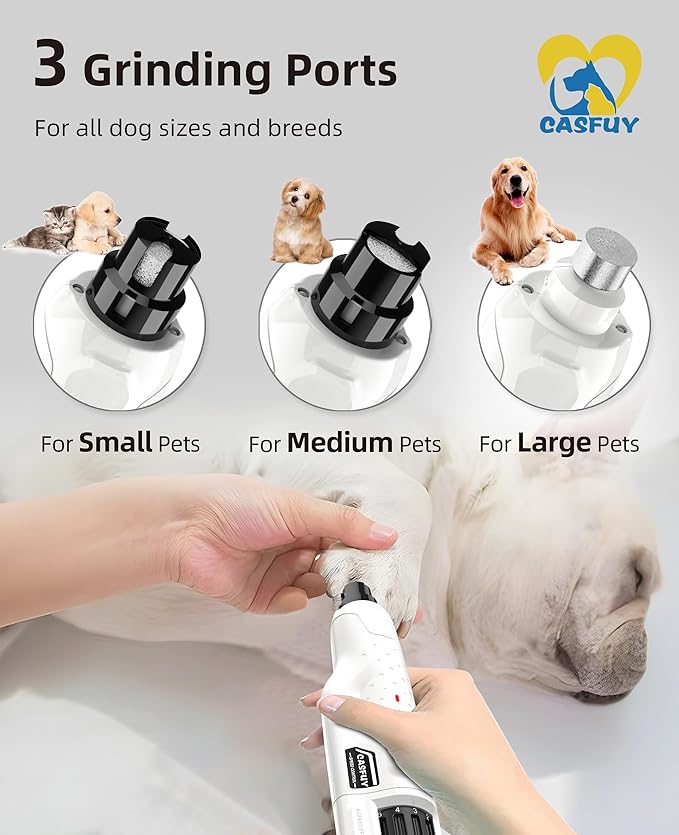 Casfuy Dog Nail Grinder Quiet - (45db) 6-Speed Pet Nail Grinder with 2 LED Lights for Large Medium Small Puppy Dogs/Cats, Professional 3 Ports Rechargeable Electric Dog Nail Trimmer with Dust Cap-PawvioPets