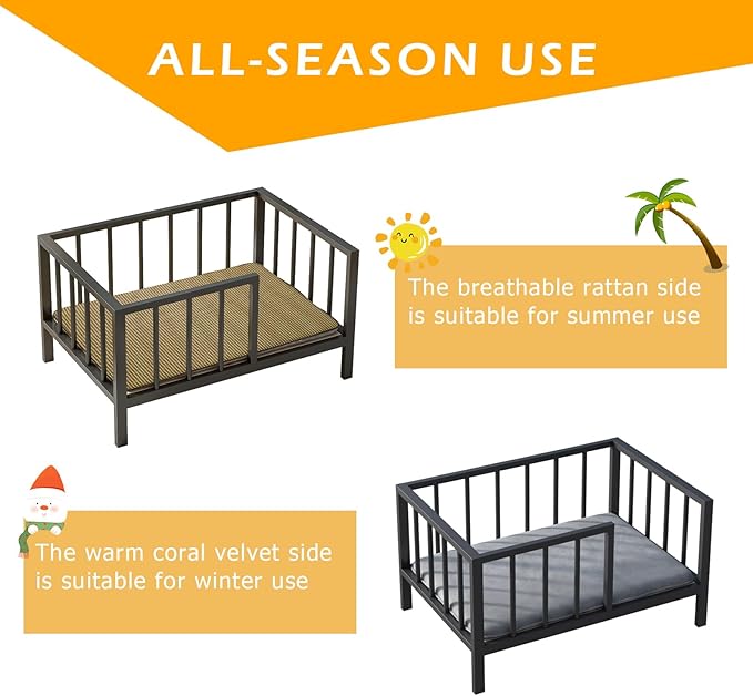 Dog Bed with Rails - Elevated Pet Metal Bed Frame with Solid Wood Board and Washable Soft Mat for Small Dog Indoor or Outdoor Use, 21.3" x 30", Black-PawvioPets