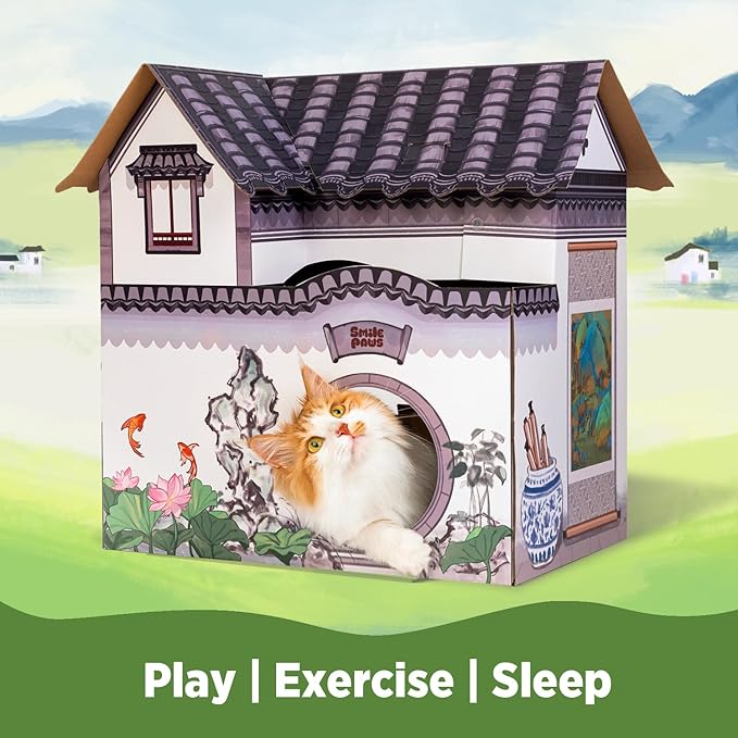 Cat Beds for Indoor Cats, Cardboard House with Scratchers, Tea House, Large Sturdy Cat Furniture Condo Cave Tent, Easy to Assemble Pet Toys Accessories Stuffs, Bunny Small Animals-PawvioPets