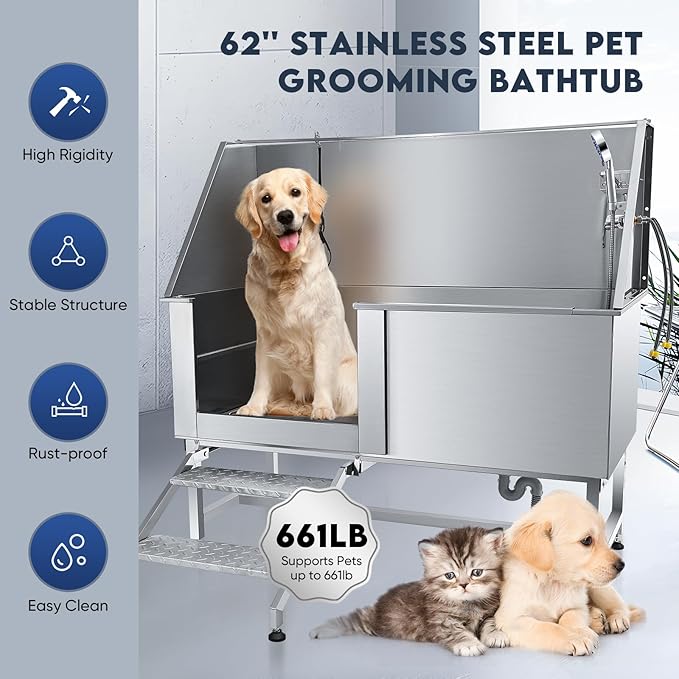 Dog Bathtub XL Professional 62inch Dog Washing Station Stainless Steel Pet Grooming Tub for Extra Large Dogs Wash Tub, Medium, Small Dogs Cats with Left Sliding Doors, Steps, Right Faucets-PawvioPets