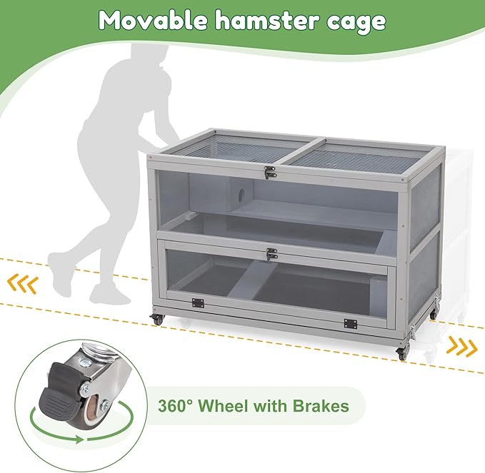 Coziwow Hamster Cage 35.4'' with Removable Ramps & Tray, Small Animals Hutch with Wheels & 2 Openable Doors, 3-Tier Wooden Cage for Dwarf Syrian Hamster, Mice, Rat, Rabbit-PawvioPets