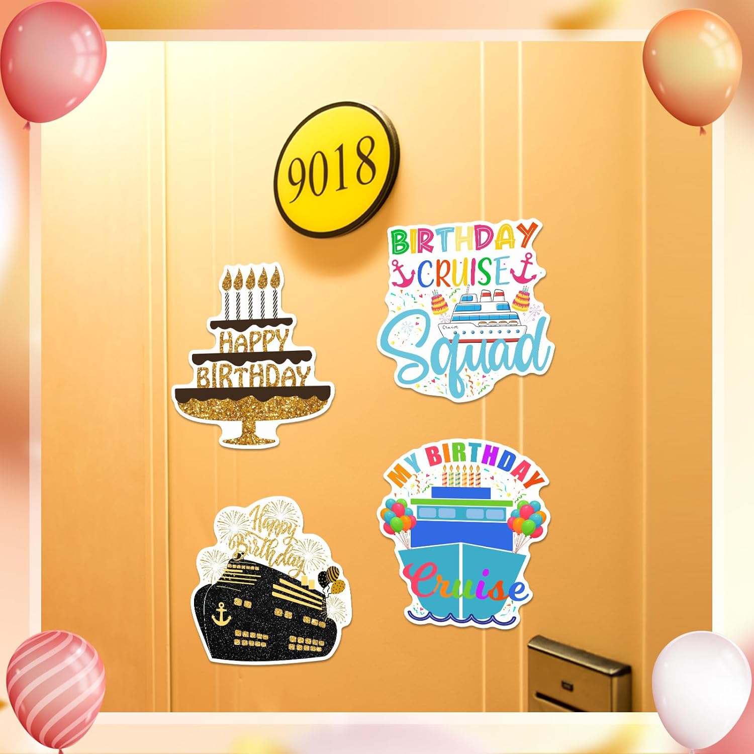 Hoteam 4 Pcs Birthday Cruise Door Decorations Magnetic Large Happy Birthday Cruise Ship Door Magnets Funny Waterproof Balloon Cake Nautical Magnets for Carnival Cabin Stateroom Fridge Car