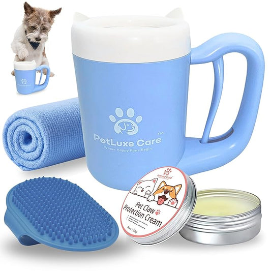 Dog Paw Cleaner for Small & Medium Dogs – Portable Paw Washer Cup with Soft Silicone Brush, Towel & Moisturizing Balm – Gently Cleans Muddy Paws After Walks (Blue, Small)-PawvioPets