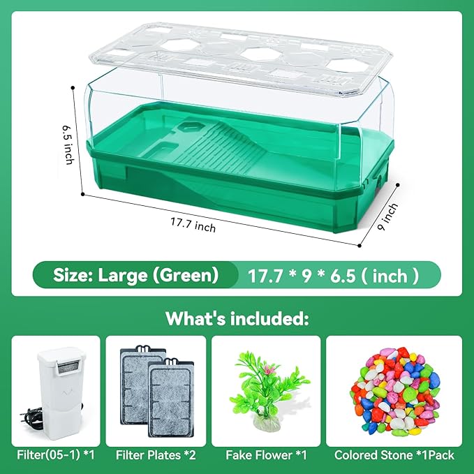 Aquatic Turtle Tank Habitat Kit Stone+Filter+Heat Lamp Enhancing Interaction with 360° Viewing, Standalone Filtration, DIY Creative Zone, Enriched Living (Green, L[Without Light])-PawvioPets
