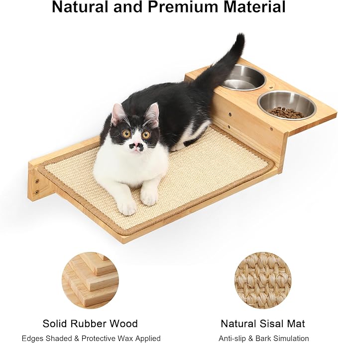 FUKUMARU Cat Wall Shelves, 3 In 1 Cats Walls Furniture Set, Food Station with 2 Steps , Solid Rubber Wood Perch, Suitable for Kitten Play, Nap, Eat, DIY Wall Jungle Gym-PawvioPets
