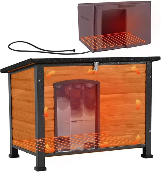 Aivituvin Dog House Outdoor Heated Dog Kennel with Insulated Liner & Heater for Winter Strong Iron Frame Large Dog Cage for Small & Medium Dogs,33.5"-PawvioPets