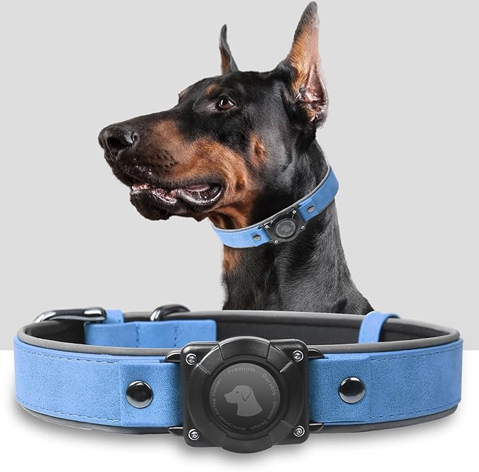 AirTag Dog Collar - Leather Dog Collar with Air Tag Holder | IPX8 Waterproof, Reflective, High - End, Adjustable Soft Padded | Dog GPS Tracker Collars Fit for Medium Large Dogs (Blue, XL)-PawvioPets