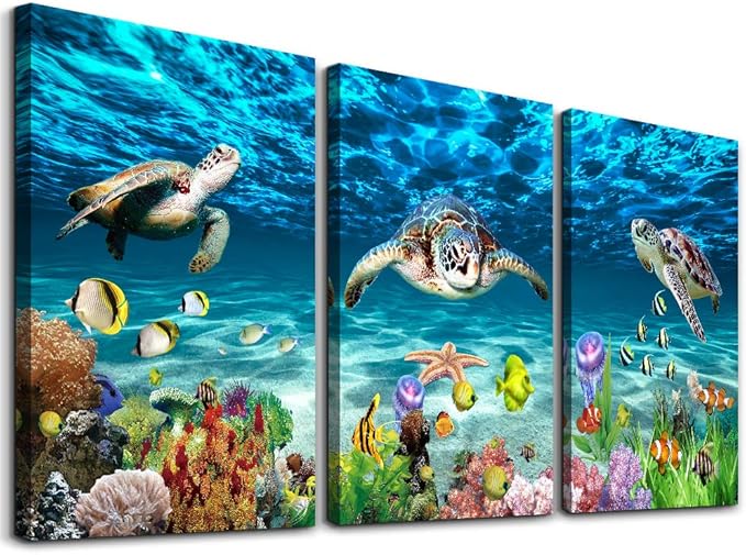 Canvas Wall Art for Living Room Large Size Wall decor for Bedroom Bathroom Wall Decoration blue Ocean Sea Turtle Paintings Modern shark Pictures Artwork office Decor Ready to Hang 16" x 24" 3 Piece-PawvioPets