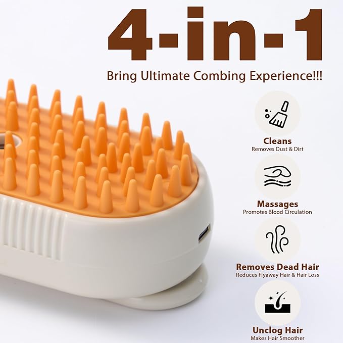 4 in 1 Cat Steam Brush, Rechargeable Steam Brush for Cats and Dogs, Anti-Static Cat Spray Brushes, Massage, Cleaning, Shedding & Combing All In One! Beige-PawvioPets