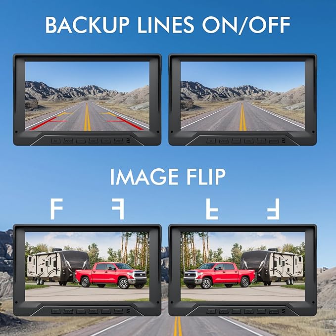 Dual RV Backup Camera Plug and Play, 7'' Backup Camera for Truck Trailer, No Delay, 1080P HD, 2 Channels, 150° Wide Angle, DIY Guide Lines, Night Vision, IP69 Rear View Camera-PawvioPets