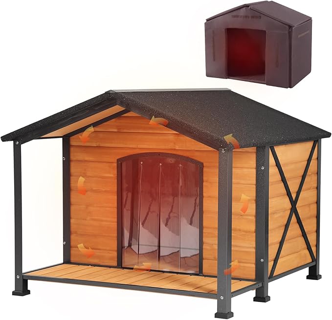 Dog House Outdoor Large Insulated Dog Kennel with Liner for Winter Waterproof Dog Cage for Small & Medium & Large Dogs,Unique All-Around Iron Frame-PawvioPets