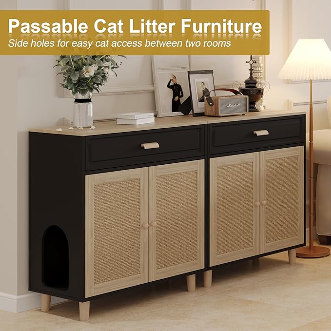 Cat Litter Box Enclosure Furniture Hidden Indoor 2-in-1 Wooden Cat House & Washroom Cabinet with Scratching Board Doors and Drawer, 31.5"x15.7"x34.6"H - Black-PawvioPets
