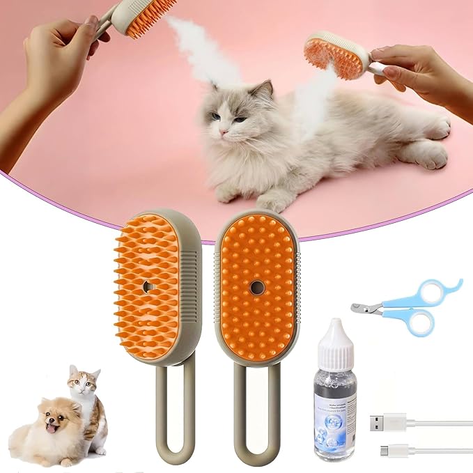 Brown+Essence 3 in 1 Steamy Pet Brush - Spritz Defur Comb for Cats & Dogs Grooming Tool (Brown+Essence)-PawvioPets