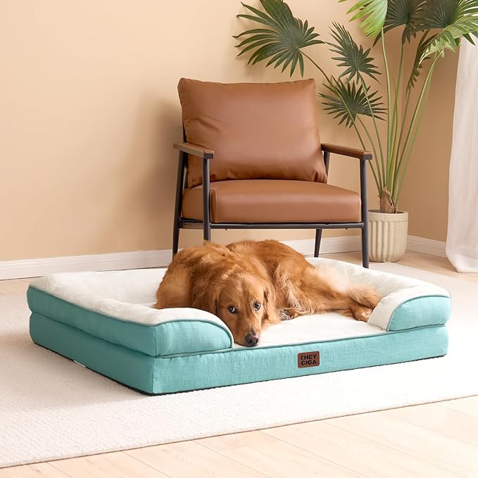 EHEYCIGA Orthopedic Dog Beds for Extra Large Dogs, Waterproof Memory Foam XXL Dog Bed with Sides, Non-Slip Bottom and Egg-Crate Foam Big Pet Couch Bed with Washable Removable Cover, Turquoise Blue-PawvioPets