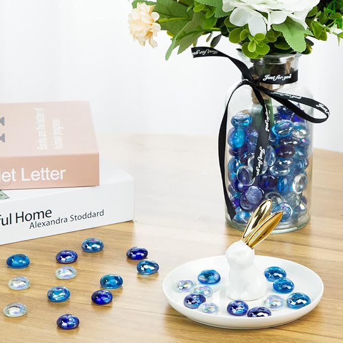 FUTUREPLUSX 1LB Iridescent Flat Glass Marbles, Blue Mixed Glass Beads Vase Fillers Decorative Gem Pebbles Sparkling Floral Fish Tank Rocks for Vases Table Scatter Aquarium Decor DIY Craft-PawvioPets