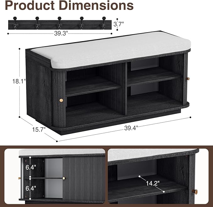 Dark Grey 39.4" W 2-Tier Shoe Bench with Storage | Entryway Bench with Padded Cushion, Sliding Doors & 5 Hooks-PawvioPets