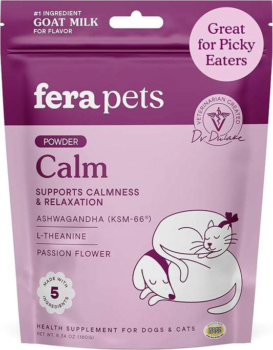 Fera Pets Goat Milk - Calming Supplement for Dogs & Cats - Ashwagandha, L-Theanine, & Passion Flower - Supports Anxiety Relief & Relaxation - for Picky Eaters - 60 TSP-PawvioPets