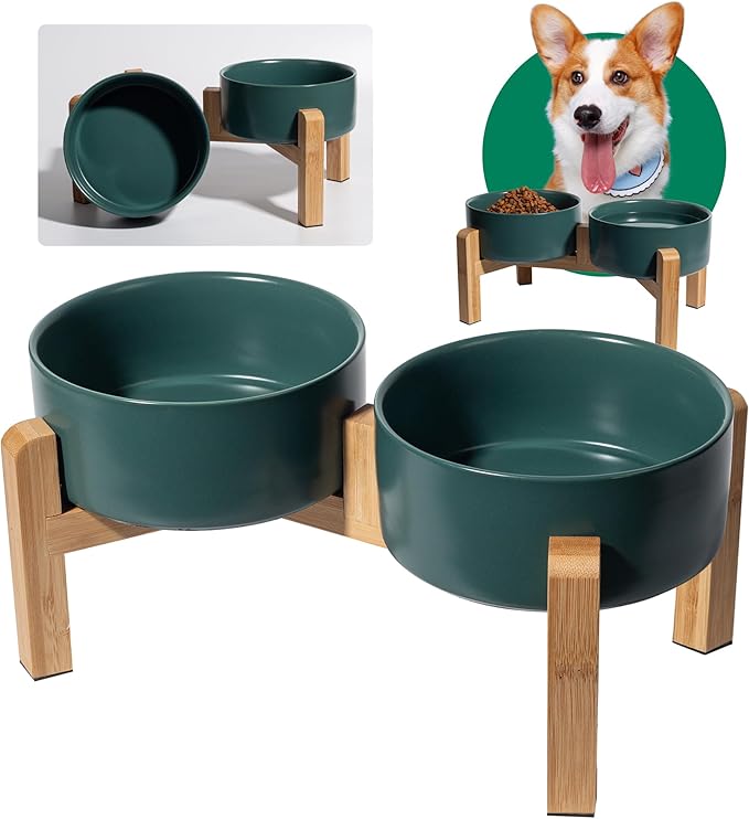 Elevated Ceramic Dog Bowl Set - Raised Dog Bowls with Non-Slip Bamboo Stand - Dog Food and Water Bowl Set - Double Dog Feeding Bowls - Suitable for Small and Medium Dogs - 28.74 OZ - 3.6 CUPS - 850 ML-PawvioPets