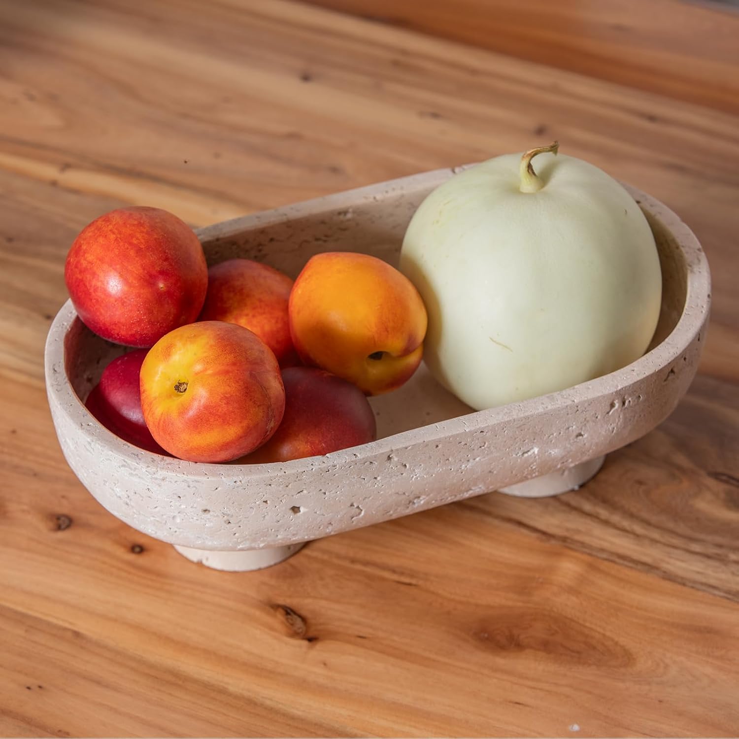 Natural Oval Travertine Fruit Bowl 10" – Large Decorative Bowl & Travertine Decor Pedestal for Kitchen Counter & Dining Table ,For Entryway, Kitchen Fruit Bowl, Potpourri, Dining Table Centerpiece.
