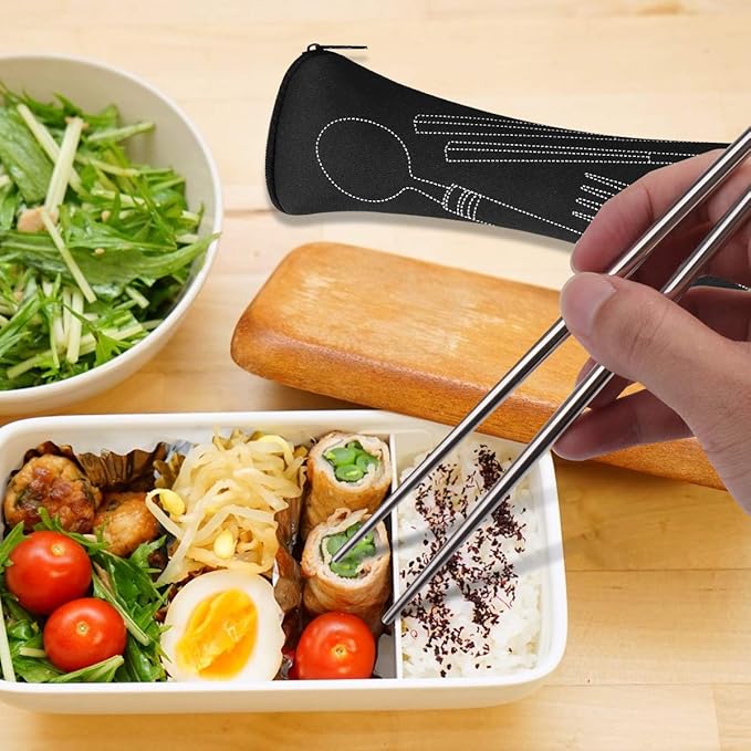 6 Pack Reusable Flatware Sets Knife, Fork, Spoon, Chopsticks, 24Pcs Portable Travel Stainless Steel Tableware Dinnerware with Carrying Case-PawvioPets
