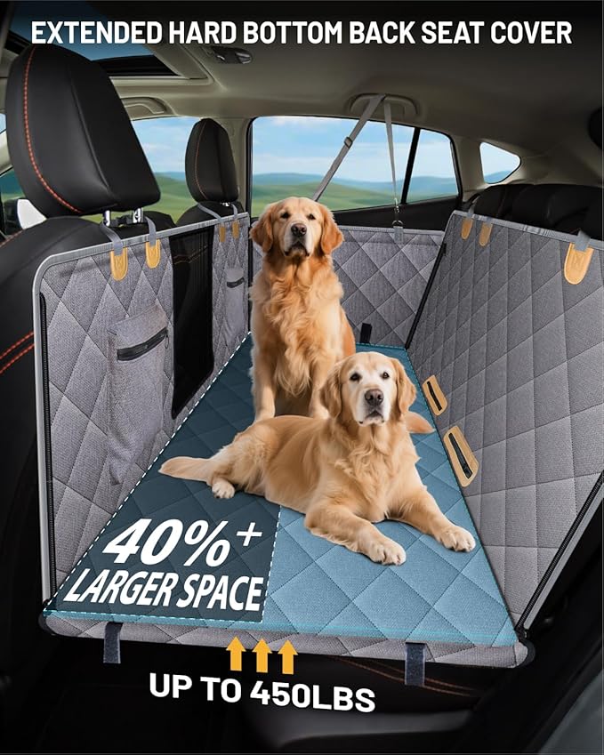 Back Seat Extender for Dog, Waterproof Dog Car Seat Cover for Back Seat, Hard Bottom Car Seat Cover, Large Space Hammock for Full-Size Crewcab Trucks, Pet Seat Cover Holds 450lbs(Grey)-PawvioPets