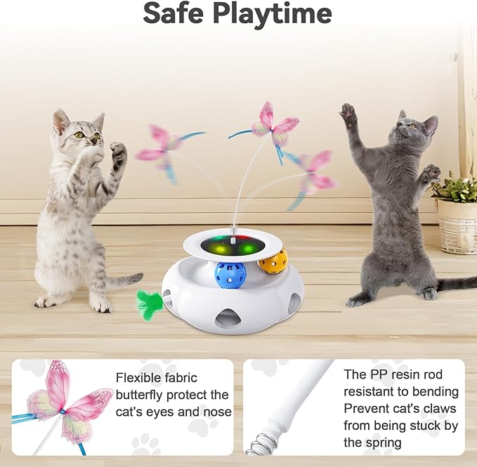 3in1 Interactive Cat Toys Moving Ambush Feather, Spinning Butterfly, Track Balls, Rechargeable Automatic Activated Kitten Toys for Indoor Cats, Cat Feather Toy for All Breeds-PawvioPets