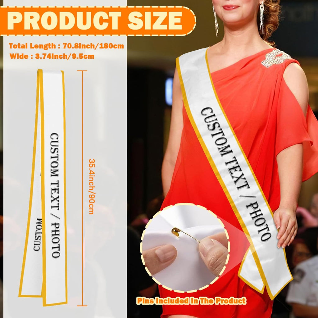 Custom Sash,Personalized Birthday Sash with Text Photo,Customized Bachelorette Sash Quote Sash Bride to Be Sash Color Optional (With decorative edge, White)
