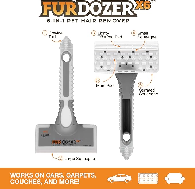 FurDozer X6 & X3 Bundle - Pet Hair Removal Tool & Car Detailing Dog Hair Remover for Carpet, Car, Couch, Bedding, & Furniture - Reusable Pet Fur Remover & Carpet Scraper for Animal Fur & Lint, Grey-PawvioPets