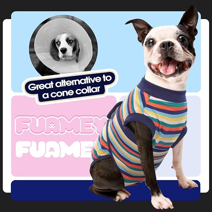 FUAMEY Recovery Suit for Dogs After Surgery,Soft Breathable Dog Bodysuit E-Collar & Cone Alternative Surgical Suit,Male Female Dog Neuter Spay Suits Anti Licking Wounds Onesie Dark Blue Stripes M-PawvioPets