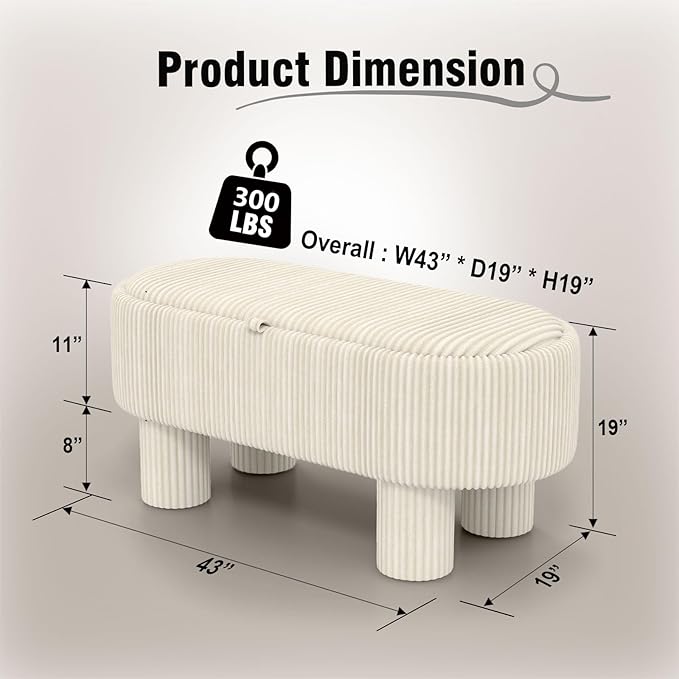 Corduroy Storage Ottoman Bench, 43" Upholstered Oval Footrest with Hidden Storage, Modern Design with Solid Wood Legs for Bedroom, Living Room, and Entryway Furniture, White-PawvioPets