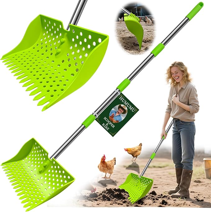 12-Inch 2-in-1 Chicken Poop Scooper & Rake – US Patent Pending – 3-Shape Sifting Holes Chicken Coop Rake，Stainless Steel Handle （20–61"）– Litter Scoop Sand & Sifting Shovel for Chicken Coops(Green)-PawvioPets