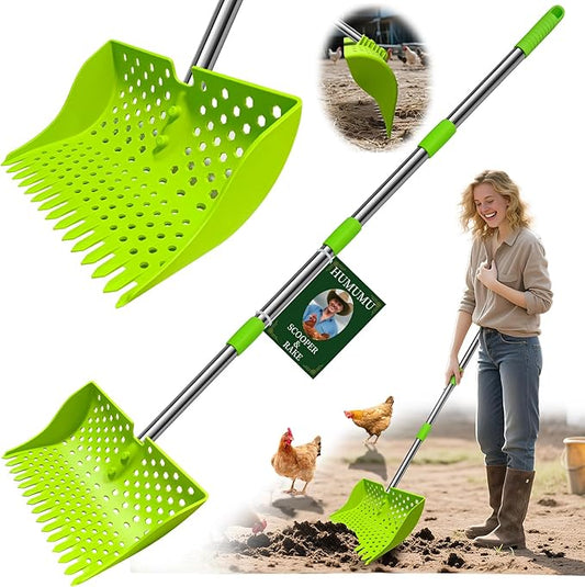 12-Inch 2-in-1 Chicken Poop Scooper & Rake – US Patent Pending – 3-Shape Sifting Holes Chicken Coop Rake，Stainless Steel Handle （20–61"）– Litter Scoop Sand & Sifting Shovel for Chicken Coops(Green)-PawvioPets