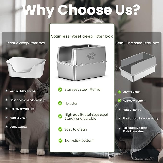 Enclosed Stainless Steel Cat Litter Box with Lid, XL Metal Litter Box for Big Cats, Extra Large Cat Toilet with High Side, Non-Stick, Anti-Leakage, Odorless, with Cats Litter Mat & Litter Scoop-PawvioPets