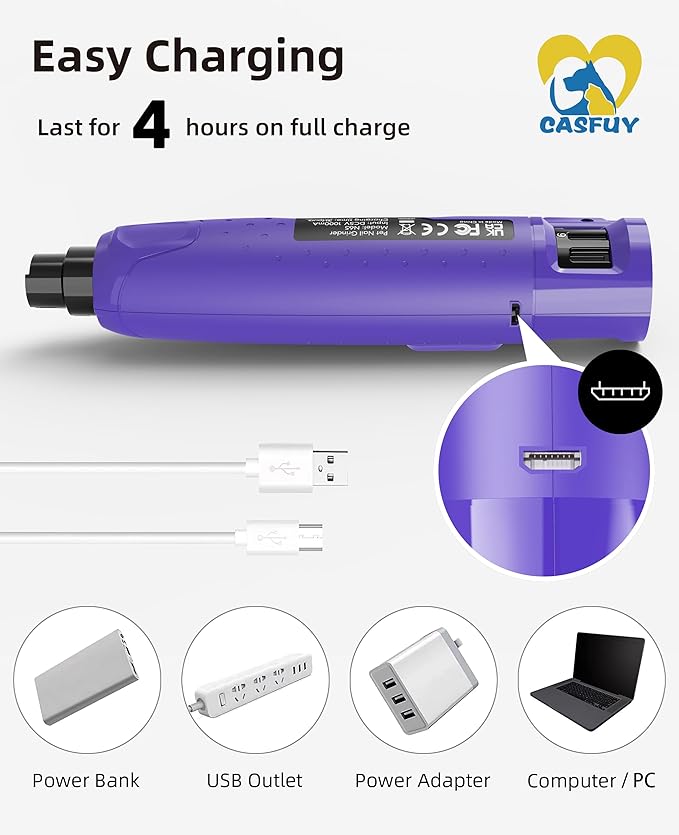 Casfuy Dog Nail Grinder Quiet - (45db) 6-Speed Pet Nail Grinder with 2 LED Lights for Large Medium Small Puppy Dogs/Cats, Professional 3 Ports Rechargeable Electric Dog Nail Trimmer with Dust Cap-PawvioPets