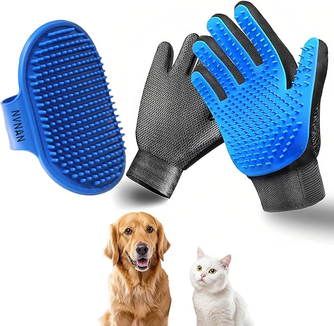 Cat & Dog Grooming Gloves - Deshedding Brush for Shedding, Gentle Pet Hair Remover & Massage Gloves for Cats, Dogs, All Fur Types (1 Brush +1 Pair Gloves)-PawvioPets