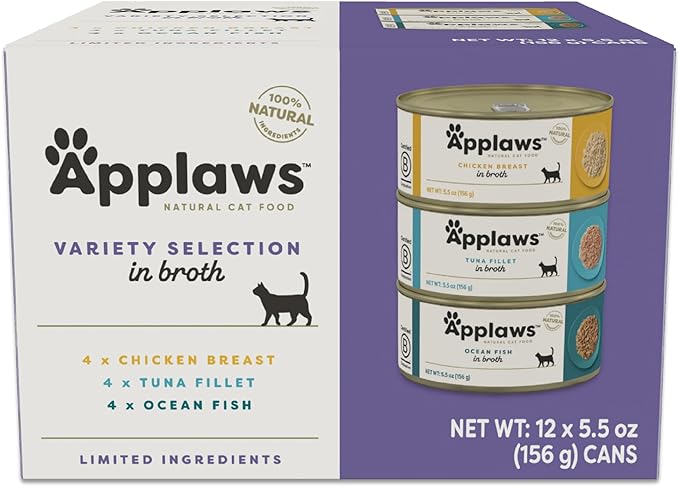 Applaws Natural Wet Cat Food, Limited Ingredient, Grain-Free, Protein with No Artificial Additives, Variety Pack in Broth (12 x 5.5oz Cans)-PawvioPets