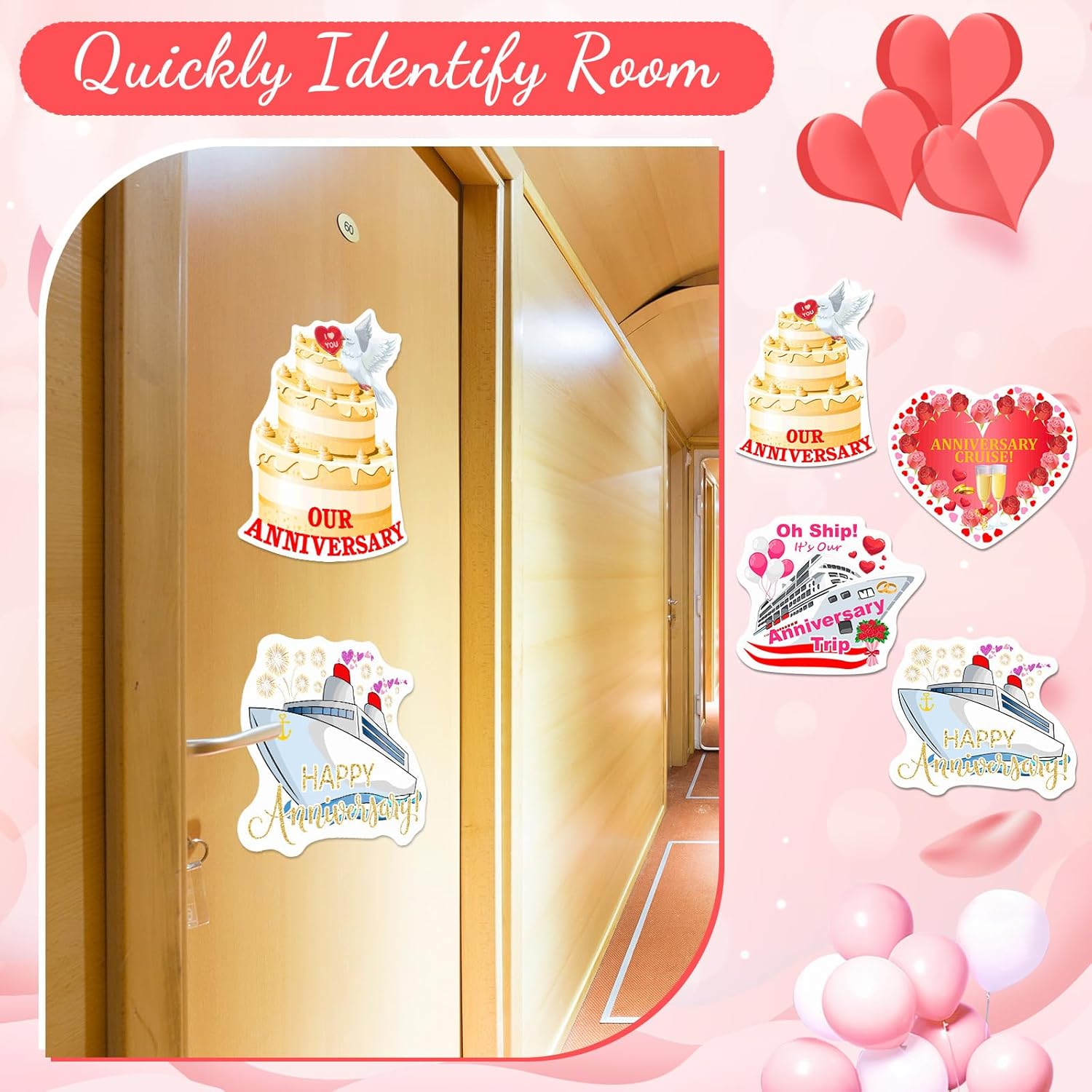 Hoteam 4 Pcs Anniversary Cruise Door Decorations Magnetic Large Happy Anniversary Cruise Ship Door Magnets Funny Waterproof Nautical Magnets for Carnival Cabin Stateroom Fridge Car