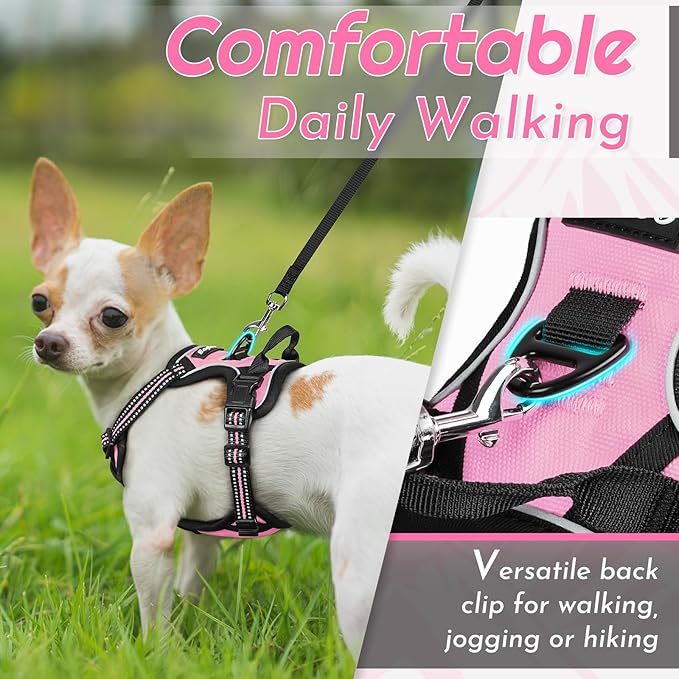 Eagloo Small Dog Harness No Pull, Service Vest with Reflective Strips and Control Handle, Adjustable and Comfortable for Easy Walking, No Choke Pet Harness with 2 Metal Rings, Pink, XS-PawvioPets
